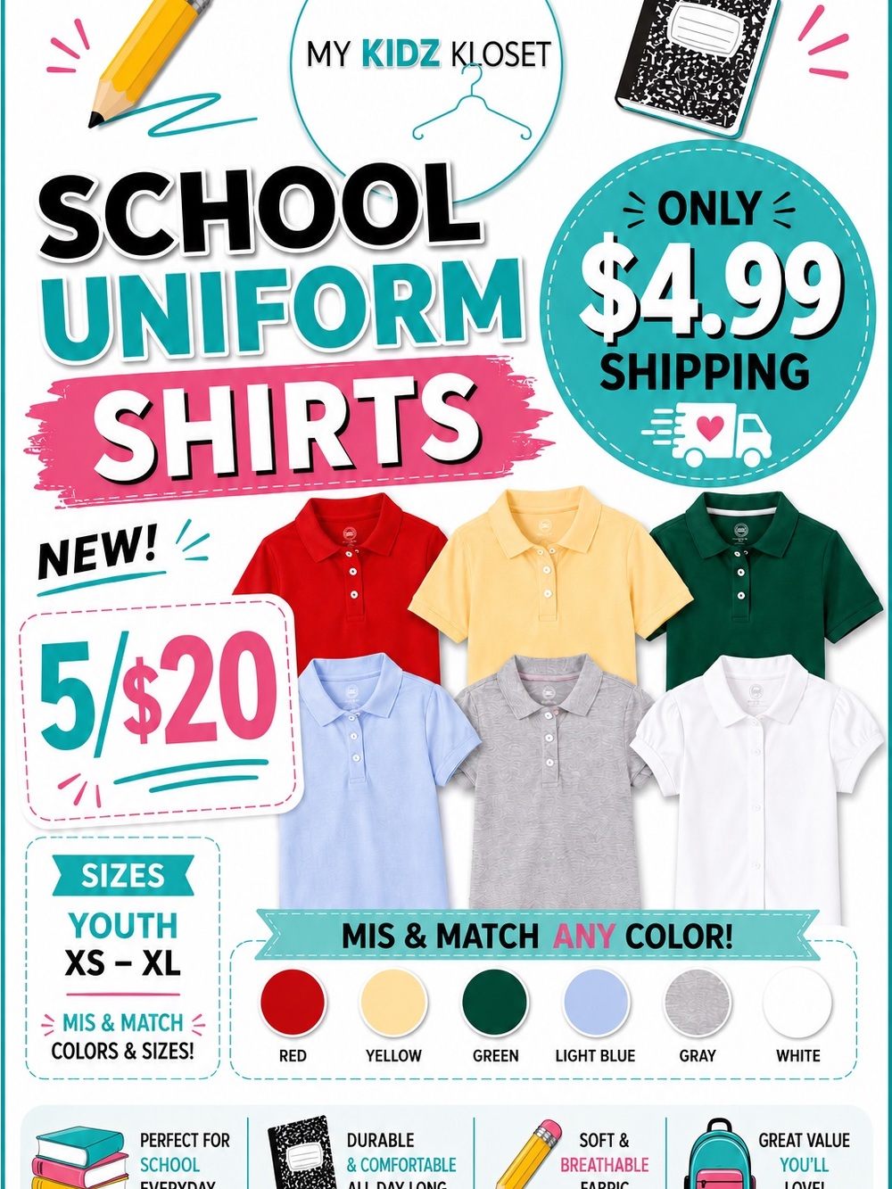 Wonder Nation Red, Yellow, Green, Light Blue, Gray & White Kids Polo Shirt Pack